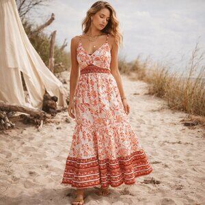 NWT Rachel Zoe Linen Blend Maxi Dress Size Small Floral Beachy Resort Cruise